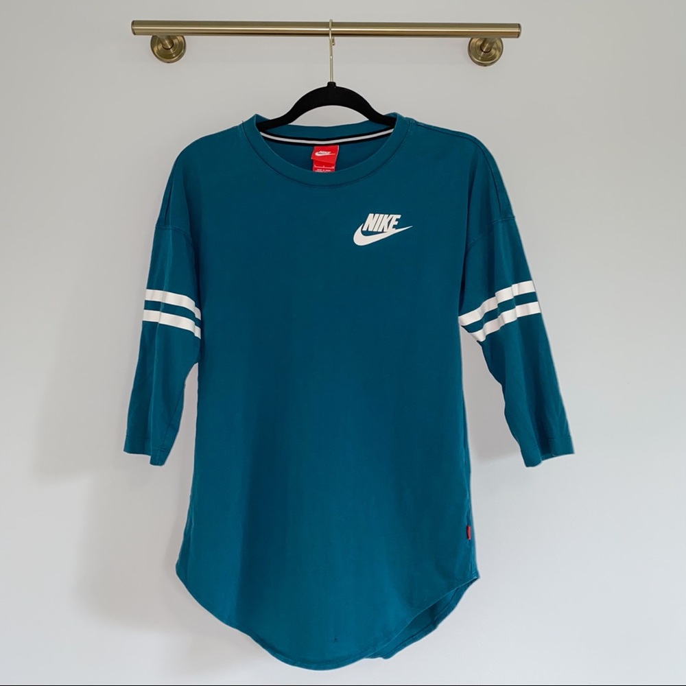 Teal Blue Nike Baseball Sleeve 3/4 Jersey Tee Just Do It Logo
